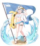  1girl absurdres adjusting_clothes adjusting_headwear antenna_hair bare_shoulders bikini blue_bikini blue_flag blush commentary dracaene_sunbringer flat_chest green_eyes grey_hair hair_over_one_eye harveythenerdy highres holding holding_swim_ring looking_at_viewer navel off-shoulder_shirt off_shoulder open_mouth sand see-through_clothes see-through_shirt shirt simple_background solo swim_ring swimsuit thigh_strap toes water wet white_background white_shirt yellow_visor_cap zenless_zone_zero 