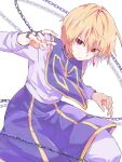  1boy blonde_hair blue_skirt blue_tabard chain closed_mouth commentary_request earrings highres hunter_x_hunter jewelry kurapika leaning_forward long_sleeves male_focus pororo_(mcpt8427) red_eyes shirt short_hair single_earring skirt solo standing tabard white_background white_shirt 