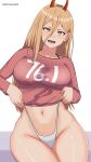 2024 absurd_res artist_name big_breasts blonde_hair bra_strap breasts chainsaw_man clothed clothing clothing_pull cross_pupils eclypsea female glistening_thighs hair hi_res horn horned_humanoid humanoid legs_together long_hair looking_at_viewer midriff navel open_mouth pantsless pantsless_female pantsless_humanoid pink_clothing pink_shirt pink_topwear portrait power_(chainsaw_man) red_horn sharp_teeth shirt simple_background small_waist solo teeth text thong thong_pull three-quarter_portrait topwear twitter_handle underwear underwear_pull white_background white_clothing white_thong white_underwear wide_hips yellow_eyes