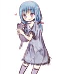  1girl :d amakaze_sora animal blue_hair blush cat collared_dress dress grey_dress grey_thighhighs hair_over_shoulder hair_ribbon heart holding holding_animal long_hair low_twintails original purple_eyes red_ribbon ribbon see-through_silhouette short_sleeves simple_background sketch smile solo thighhighs twintails white_background wide_sleeves 