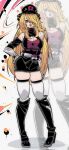  1girl artist_name belt black_boots black_dress black_hat blonde_hair boots breasts cleavage cleavage_cutout clothing_cutout commentary_request cynthia_(pokemon) detached_sleeves dress gloves grey_eyes hair_ornament hair_over_one_eye hand_on_own_hip hat highres kinakomochi_(user_vedc2333) large_breasts long_hair looking_at_viewer master_ball open_mouth poke_ball poke_ball_(basic) pokemon pokemon_diamond/pearl/platinum solo team_rocket teeth thighhighs upper_teeth_only waist_poke_ball white_belt white_gloves white_thighhighs zoom_layer 