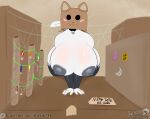 2026 anthro armwear big_breasts big_butt box box_on_head breasts brown_background butt clothed clothing collar container digital_media_(artwork) domestic_cat felid feline felis female fur grey_hair hair hi_res huge_breasts leggings legwear looking_at_viewer mammal mask masterj291 nipples patreon simple_background solo thick_thighs topless topless_anthro topless_female white_body white_fur