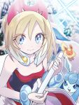  1girl blonde_hair blue_eyes celestica_flute collarbone commentary_request espeon eyelashes flareon glaceon hairband holding irida_(pokemon) jewelry looking_at_viewer neck_ring pokemon pokemon_(creature) pokemon_legends:_arceus red_hairband runachikku shirt strapless strapless_shirt twitter_username 