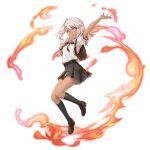  1girl artist_request backpack bag black_skirt black_socks brown_shoes chloe_von_einzbern closed_mouth dark-skinned_female dark_skin fate/kaleid_liner_prisma_illya fate_(series) fire full_body game_asset grand_summoners grey_hair loafers long_hair looking_at_viewer official_art orange_eyes pleated_skirt school_uniform shirt shoes side_ponytail simple_background skirt smile socks solo third-party_source transparent_background white_shirt 