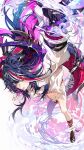  1girl arm_belt black_claws black_hair commentary_request dragon_girl dragon_horns dragon_tail finger_claws glove_nails highres horns long_hair long_horns multicolored_hair multicolored_horns neverness_to_everness pink_streaks purple_claws purple_horns red_eyes red_shorts shinku_(nte) shirt shorts streaked_hair tail tail_belt thick_tail thighhighs two-tone_horns water white_background white_shirt white_thighhighs yaoshi_jun 