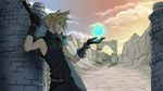  1boy ahvia artist_request asymmetrical_clothes blonde_hair blue_eyes cloud_strife final_fantasy final_fantasy_vii gloves glowing huge_sword magic materia outdoors pauldrons scenery sleeveless sword weapon 