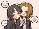  2girls akiyama_mio black_hair blush bottle brown_eyes brown_hair cheek-to-cheek closed_eyes english_text hairband heads_together highres holding holding_bottle k-on! long_hair long_sleeves multiple_girls open_mouth sakuragaoka_high_school_uniform school_uniform shimejimee short_hair simple_background smile speech_bubble tainaka_ritsu twitter_username 