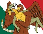 abs accipitrid accipitriform anthro anthro_on_anthro arm_tuft avian beak beak_bite bird bite blood_on_neck broto_faggins brown_body brown_feathers carrying_another carrying_partner duo eagle elbow_tuft fangs feather_tuft feathers feet flag flag_background forked_tongue golden_eagle green_body green_eyes green_scales hi_res holding_neck holding_partner living_tail long_tail long_tongue male male/male markings mexican_flag muscular muscular_anthro muscular_arms muscular_male muscular_torso navel neck_bite nude_anthro nude_male open_mouth pit_viper rattle_(anatomy) rattlesnake red_eyes reptile scales scalie scared_prey shaded simple_background simple_shading snake snake_eyes snake_tail spread_wings striped_body striped_markings striped_tail stripes tail tail_markings talon_hands talons teeth toes tongue true_eagle tuft unusual_anatomy unusual_tail viper wings yellow_body yellow_hands yellow_scales