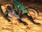 abs animal_genitalia animal_penis anthro athletic athletic_male balls big_penis black_sclera dragon dreadlocks equine_genitalia equine_penis genitals golden_claws hi_res horn huge_penis kane_(metgross) kimmarionsa looking_at_viewer lying male mythological_creature mythological_scalie mythology pecs penis scalie solo tail treasure_hoard wings