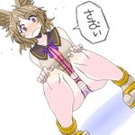  aono3 blush bow bow_panties brown_eyes brown_hair check_translation collarbone dutch_angle navel no_pants panties simple_background solo speech_bubble squatting striped striped_panties touhou toyosatomimi_no_miko translation_request underwear wavy_mouth 