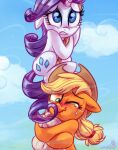 2016 absurd_res applejack_(mlp) bangs blonde_hair blush bodily_fluids cartoon_freckles clothing cowboy_hat cutie_mark duo equid equine eyelashes female feral freckled_face freckles friendship_is_magic hair hasbro hat headgear headwear hi_res horn long_eyelashes mammal my_little_pony mythological_creature mythological_equine mythology one_eye_closed orange_body pupils purple_hair quadruped rarity_(mlp) rope scared smile tail tears tickling unicorn white_body whitediamonds