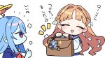  2girls :d bag bag_charm blonde_hair blue_hair blue_sailor_collar blue_shirt blue_skin blunt_bangs blush charm_(object) chibi chibi_only closed_eyes colored_skin commentary_request cropped_torso hair_intakes highres holding holding_bag kanyoko_(yuzukano_17) long_hair long_sleeves multiple_girls neckerchief notice_lines open_mouth original parted_bangs red_eyes red_neckerchief sailor_collar school_uniform serafuku shirt simple_background smile translation_request white_background white_shirt 