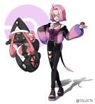  1girl ahoge alternate_color bare_shoulders black_leggings black_nails black_sandals black_skirt breasts character_request clothing_cutout commentary_request copyright_request full_body gradient_hair hair_intakes hand_on_own_hip heart heart-shaped_eyewear heart_cutout highres holding holding_poke_ball jacket jewelry leggings long_sleeves multicolored_hair multicolored_jacket nail_polish necklace open_clothes open_jacket open_mouth pink_hair pink_jacket platform_sandals poke_ball poke_ball_(basic) poke_ball_symbol pokemon pokemon_(creature) purple-tinted_eyewear purple_eyes purple_hair purple_shirt sandals shadow shiny_pokemon shirt short_hair simple_background skirt smile standing sunglasses tapu_lele tellzeta tinted_eyewear toenail_polish toenails toes twitter_username two-tone_hair white_background yellow-framed_eyewear 