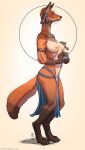 4_toes 5_fingers anthro arcr-cric black_nose bottomwear breasts canid canine clothed clothing feet female fingers fox fur hi_res hindpaw humanoid_hands jug loincloth mammal nipples paws red_body red_fur solo standing tail text toes topless topless_anthro topless_female url