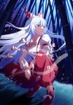  1girl absurdres bamboo bamboo_forest boots bow breasts collared_shirt commentary english_commentary forest fujiwara_no_mokou grey_hair hair_bow highres long_hair long_sleeves multiple_hair_bows nature ofuda ofuda_on_clothes outdoors pants red_boots red_eyes red_pants shirt small_breasts solo squatting suspenders toogeruu touhou very_long_hair white_shirt 