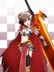  1girl 1up_(solid2) :d animal_ears armor belt bikini_armor black_gloves black_thighhighs blush breasts brown_belt brown_hair cape cat_ears cat_girl checkered_background cleavage commentary_request cowboy_shot cross_of_prontera garter_straps gloves greatsword hair_ribbon holding holding_sword holding_weapon looking_at_viewer medium_breasts open_mouth pauldrons pelvic_curtain ragnarok_online red_cape red_eyes red_ribbon ribbon rune_knight_(ragnarok_online) short_hair shoulder_armor smile solo spiked_pauldrons spikes sword teeth thighhighs torn_cape torn_clothes upper_teeth_only vambraces weapon yin_yang_hair_ornament 