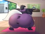 4:3 anthro big_butt black_body black_hair bottomwear butt canid canine canis claws clothing cloud domestic_dog electronics fluffy fluffy_tail fur hair hi_res huge_butt husky inside light long_hair mammal morbidly_obese neck_tuft nordic_sled_dog obese overweight pants plant plant_pot potted_plant purple_clothing rear_view shaking solo spitz sunlight sv3n sven_(sv3n) tail television tree tuft wardrobe_malfunction white_body white_fur white_tail yellow_claws yellow_eyes yoga yoga_mat yoga_pants