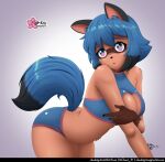 anthro black_ears black_nose blue_clothing blue_hair blue_tail bluesky_handle bottomwear brand_new_animal breasts brown_markings canid canine cleavage cleavage_cutout clothed clothing clouddg cutout deviantart_username dipstick_hair dipstick_tail facial_markings female fluffy fluffy_tail glistening glistening_eyes glistening_hair glistening_tail gloves_(marking) gradient_background hair head_markings logo mammal markings mask_(marking) michiru_kagemori multicolored_eyes newgrounds_username pointy_ears prick_ears raccoon_dog signature simple_background solo studio_trigger suggestive_pose tail tail_markings tan_body tanuki text thick_thighs twitter_handle url