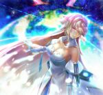  1girl antenna_hair archetype_earth arcueid_brunestud arm_at_side backless_dress backless_outfit bare_shoulders blonde_hair blue_bow blue_ribbon bow breasts cleavage coma2 commentary_request detached_sleeves dress fate/grand_order fate_(series) floating_hair gloves glowing gold_trim hair_over_one_eye head_tilt high_collar highres long_hair looking_at_viewer open_hand red_eyes ribbon single_hair_intake smile solo standing two-tone_dress very_long_hair white_dress white_gloves white_sleeves 