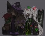  1boy 1other 1x1x1x1_(roblox) ? anger_vein artist_name azure_(forsaken) bead_bracelet beads black_hat black_jacket black_nails black_wings bracelet brown_hair closed_mouth collar commentary criistil6009 cropped_torso dark-skinned_male dark_skin ear_piercing english_commentary eyewear_on_head face_piercing flower flower_pot forsaken_(roblox) from_side grey_background hair_flower hair_ornament hat highres holding holding_flower_pot holding_hands jacket jewelry leather leather_jacket long_hair long_sleeves mouth_piercing nail_polish open_clothes open_jacket other_with_male patch piercing pointy_ears ponytail profile purple_scarf red-framed_eyewear roblox scarf see-through_body simple_background spiked_collar spiked_jacket spikes very_dark_skin very_long_hair vitiligo white_hair wings zzz 