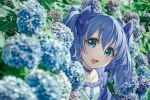  1girl :3 :d blue_bow blue_choker blue_dress blue_eyes blue_flower blue_hair blurry blurry_background blurry_foreground bow choker commentary cool_colors depth_of_field dress flower frilled_dress frills hair_between_eyes hair_bow highres hotechige hydrangea light_blush long_hair looking_at_viewer nijisanji open_mouth photo_background plant portrait smile solo square_neckline twintails untranslatable_commentary virtual_youtuber yuuki_chihiro yuuki_chihiro_(1st_costume) 