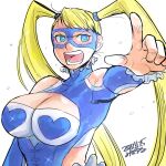  1girl blonde_hair blue_eyes blue_leotard breasts cleavage cleavage_cutout clothing_cutout commentary_request domino_mask eye_mask hair_pulled_back large_breasts leotard long_hair mask misodiru open_mouth pointing rainbow_mika shoulder_cutout solo street_fighter street_fighter_zero_(series) sweat twintails wrestling_outfit 