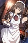  apron brown_eyes brown_hair food highres ice_cream long_hair looking_at_viewer maid maid_headdress original parfait shirotaso0818 smile solo sundae tray 