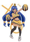  +++ 1girl :d ;d alternate_costume arm_up avian_zebra black_thighhighs blue_eyes blue_hair blue_trim breasts cheerleader circle clothes_writing collarbone commentary dark-skinned_female dark_skin dot_nose earrings english_commentary facial_mark full_body gold_hairband groin hairband highres jewelry key_earrings long_hair low-tied_long_hair michigami_nareko midriff navel one_eye_closed open_mouth pigeon-toed pleated_skirt pom_pom_(cheerleading) shoes skirt smile sneakers solo split_mouth tank_top thighhighs touhou triangle triangle_facial_mark underboob very_long_hair white_background white_shoes x_(symbol) yellow_skirt yellow_tank_top zettai_ryouiki 