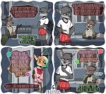 2026 4_panel_comic 5_fingers absurd_res accessory antennae_(anatomy) anthro appliance artist_name azazel_(fruittea) bare_chest bastien_(fruittea) blue_bottomwear blue_clothing blue_skirt blush bottomwear bow_tie boxers_(clothing) brown_body brown_eyebrows brown_fur cabinet canid canine canis cheek_markings clothed clothing colored comic container cross-popping_vein cup dialogue digital_drawing_(artwork) digital_media_(artwork) dipstick_ears dipstick_tail door ear_markings ear_scar ear_tunnel embarrassed english_text eye_scar eyebrows facial_markings facial_scar femboy fingers flower fox fruittea fur giggle gloves_(marking) green_clothing green_hair green_robe green_shirt green_topwear grey_body grey_eyebrows grey_fur grey_inner_ear_fluff group hair head_markings head_tuft heart_symbol hi_res inner_ear_fluff kitchen kitchen_appliance male mammal markings mug multicolored_body multicolored_ears multicolored_fur open_clothing open_robe orange_body orange_fur oven pink_blouse plant pupils red_bow_tie red_clothing red_underwear robe scar seraph_(fruittea) shirt signature skirt slit_pupils smile standing star tail tail_markings talking_to_another text topwear tremble_lines trio tuft underwear white_clothing white_sclera white_shirt white_topwear wolf yellow_sclera