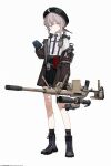  1girl absurdres ahoge ankle_socks astg backpack bag beret bipod black_boots black_gloves black_hat black_necktie black_skirt black_socks blunt_bangs bolt_action boots breast_pocket brown_jacket chest_strap cheyanne_(girls'_frontline_2) cheytac_m200 closed_mouth collared_shirt commentary double-parted_bangs dress_shirt english_commentary flat_chest frown full_body girls'_frontline girls'_frontline_2:_exilium gloves grey_hair gun hair_between_eyes hair_tie harness hat high-waist_skirt highres holding holding_gun holding_phone holding_weapon id_card jacket jacket_partially_removed knees laser_sight long_hair long_sleeves looking_at_viewer low_ponytail m200_(girls'_frontline) magazine_(weapon) miniskirt muzzle_device necktie official_artist_extra open_clothes open_jacket phone pink_eyes pleated_skirt pocket ponytail radio_antenna rifle scope shirt shirt_tucked_in shoelaces sidelocks sideways_glance simple_background skinny skirt sniper_rifle socks solo standing tachi-e thighs walkie-talkie weapon white_background white_shirt 