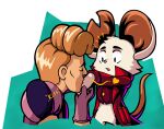 anthro blonde_hair bottomless bottomless_anthro cheek_tuft clothed clothing collared_shirt dress_shirt duo eyebrows eyes_closed facial_tuft female fur gloves hair half_dime hand_holding handwear heart_symbol hi_res human jacket kiss_on_hand kissing male male/female mammal mina_(mina_the_hollower) mina_the_hollower mouse murid murine notched_ear open_mouth pink_nose rodent shirt sound_effects style_emulation surprised tail the_duke_(mina_the_hollower) topwear tuft vest white_body white_fur yacht_club_games