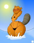 abs aliasing anthro artist_logo artist_name beaver beaver_(beaver_and_steve) beaver_and_steve bikini blush blush_lines bra brown_body brown_fur chest_tuft clothed clothing crossdressing curvy_figure digital_media_(artwork) eyelashes eyes_closed femboy fur hands_behind_head head_tuft hi_res logo male mammal rodent signature small_waist solo swimwear tail text thatdawgmurray thick_thighs thong tuft two-piece_swimsuit underwear wasp_waist wide_hips
