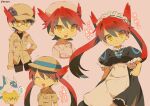  ... 1boy 1girl :d apron black_dress blonde_hair blue_ribbon bright_pupils brown_hat brown_jacket closed_eyes closed_mouth collared_jacket commentary_request dress emerald_(pokemon) eyelashes glasses hair_between_eyes hand_on_own_hip hat holding_own_dress jacket latias latias_(human)_(pokemon_adventures) long_hair long_sleeves maid maid_headdress multiple_views neck_ribbon notice_lines nurse_cap official_alternate_costume open_mouth personification pink_background pokemon pokemon_(creature) pokemon_adventures red_eyes red_hair ribbon round_eyewear shared_speech_bubble short_hair slit_pupils smile speech_bubble spoken_ellipsis tokuura translation_request twintails twitter_username white_apron white_headdress white_pupils yellow_eyes 