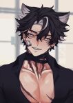  1boy bandaged_neck bandages black_hair blue_eyes blurry blurry_background commentary curtained_hair ear_piercing earrings fangs genshin_impact grin hair_flaps highres jewelry male_focus multicolored_hair neuvillette_(genshin_impact) pectoral_cleavage pectorals piercing scar scar_on_chest scar_on_face scar_on_neck short_hair smile solo sticker sticker_on_face streaked_hair tychee_11 upper_body white_streaks wriothesley_(genshin_impact) 