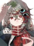  1girl :> arm_up black_eyes black_hair blazer blood ceciii974 chibi chibi_inset closed_mouth clover commentary commission crossed_bangs crosshair_pupils double-parted_bangs empty_eyes english_commentary extra_eyes eyeball four-leaf_clover grey_hair grey_jacket grid_print hair_between_eyes hand_on_own_chest head_tilt heart_(organ) heterochromia highres holding holding_clover jacket lapels long_hair looking_at_viewer mismatched_pupils multicolored_hair notched_lapels open_clothes open_jacket original patterned_hair portrait print_scarf raised_inner_eyebrows red_eyes red_hair red_pupils red_scarf revision scarf sidelocks simple_background smile solo tareme thank_you veins white_background 