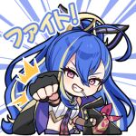  1girl ^^^ black_coat black_gloves blonde_streaks blue_hair breasts candy coat coat_on_shoulders commentary double-parted_bangs emphasis_lines fingerless_gloves food food_in_mouth gloves gradient_necktie grin high_ponytail lollipop lollipop_in_mouth looking_at_viewer lowres medium_breasts midriff minova_(stella_sora) multicolored_hair necktie official_art pink_eyes ponytail purple_necktie red_necktie shirt simple_background smile solo stella_sora sticker_(medium) streaked_hair transparent_background white_shirt 