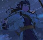 1girl ainu ainu_clothes arrow_(projectile) asirpa bandana black_hair blue_eyes bow_(weapon) cape closed_mouth commentary_request drawing_bow fur_cape golden_kamuy holding holding_bow_(weapon) holding_weapon korean_commentary long_hair luke_skyfaller snowing solo weapon 