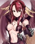  1boy 1girl armor breasts cleavage cum frown handjob minerva_(p&amp;d) navel no_bra penis puzzle_&amp;_dragons red_eyes red_hair simple_background small_breasts solo_focus uncensored wings 