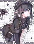  1girl ammunition_pouch animal_ear_fluff animal_ears arm_belt asymmetrical_gloves bandaged_arm bandaged_hand bandages black_choker black_coat black_dress black_gloves black_hair black_hat black_pantyhose black_ribbon cat_tail choker coat collared_dress commentary cowboy_shot dress gloves goggles goggles_on_headwear grey_eyes grid_background hair_ornament hat highres kemonomimi_mode kurobe_nanoka leaning_forward long_hair looking_at_viewer mahou_shoujo_no_majo_saiban myua_(wan_wan_00xx) neck_ribbon pantyhose plaid_clothes plaid_dress pouch ribbon solo sparkle tail tail_ornament tail_ribbon twintails untranslatable_commentary white_background 