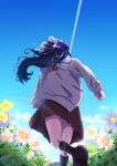  1girl absurdres black_shoes black_socks bless_you!_(love_live!) blue_hair blue_ribbon blue_sky brown_cardigan cardigan commentary_request dress field floating_hair flower flower_field from_behind hair_ornament hair_ribbon half_updo hasu_no_sora_school_uniform highres long_hair love_live! love_live!_hasu_no_sora_jogakuin_school_idol_club murano_sayaka neckerchief outdoors pink_flower pleated_dress red_neckerchief red_ribbon ribbon sailor_collar school_uniform shirane_nanimo shoes sky socks solo star_(symbol) star_hair_ornament virtual_youtuber white_sailor_collar winter_uniform 