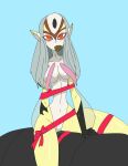 animal_humanoid aquatic aquatic_humanoid arm_fin black_hands black_markings blue_submarine_no._6 blush bow_tie breasts candy chest_tuft chocolate chocolate_heart dessert external_gills facial_markings female fin fish fish_humanoid food forehead_markings genitals gills grey_hair hair head_markings heavy147 hi_res holding_in_mouth humanoid humanoid_genitalia humanoid_vulva hybrid long_hair markings multicolored_body mutio navel pointy_ears red_eyes red_markings ribbons sitting slim solo tuft vulva wet white_body white_hair wrappings yellow_body