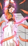  1girl arms_up bakasp-lilzy blush bound breasts brown_hair closed_eyes clothing_cutout commentary dress english_commentary highres kusuriya_no_hitorigoto licking licking_navel long_sleeves navel navel_cutout navel_stimulation open_mouth restrained small_breasts solo tentacles tickling xiaolan_(kusuriya_no_hitorigoto) 