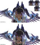  1girl :| @_@ above-cleavage_cutout absurdres ahoge aloupeep_(enna_alouette) apron aqua_nails asymmetrical_wings bags_under_eyes belt belt_buckle black_dress black_hair black_ribbon black_wings blue_hair blush bow bow_hairband breasts buckle character_hair_ornament chest_harness closed_eyes closed_mouth clothing_cutout colored_inner_hair commentary company_name copyright_notice crazy_eyes crazy_smile curly_hair double-parted_bangs dress dress_bow empty_eyes english_commentary enna_alouette enna_alouette_(maid) feathered_wings floating_hair frilled_dress frills from_above glowing glowing_eyes hair_ornament hairband hairclip hands_on_own_face harness head_tilt heart heart-shaped_buckle heart_hair_ornament highres long_sleeves looking_at_viewer lower_teeth_only maid maid_apron maid_headdress mechanical_wings multicolored_hair multiple_expressions neck_ribbon nijisanji nijisanji_en official_alternate_costume official_alternate_hair_color official_alternate_hairstyle official_art open_mouth parallel_hairclips purple_bow purple_eyes purple_wings ribbon sanpaku sidelocks simple_background small_breasts smile teeth twintails two-tone_dress two-tone_hair two-tone_wings u_u variations virtual_youtuber white_background white_belt white_bow white_dress wide-eyed wings yuigacyako 