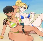 2girls arm_behind_head arm_support barefoot beach bikini black_choker black_hair blonde_hair blue_bikini blue_eyes blue_horns bracelet breasts choker collarbone commentary earrings english_commentary green_bikini green_eyes grin highres horns hyyun_ho jewelry jisoo_(hyyun_ho) large_breasts long_hair looking_at_viewer multiple_girls navel o-ring o-ring_bikini o-ring_thigh_strap one_eye_closed original pixie_cut short_hair shoulder_tattoo single_horn sitting small_breasts smile square_o-ring strap_lift striped_bikini striped_clothes swimsuit tattoo tayisia thigh_strap white_trim 