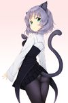  animal_ears ass black_legwear cat_ears cat_tail fingernails from_behind gradient gradient_background green_eyes grey_hair long_fingernails looking_at_viewer looking_back pantyhose pleated_skirt sanya_v_litvyak short_hair simple_background skirt sleeves_past_wrists smile solo strike_witches tail world_witches_series zizi_(zz22) 
