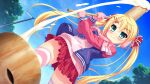  1girl blonde_hair blue_jacket bow closed_mouth day doyagao dutch_angle from_below game_asset green_eyes hair_bow hair_ornament hairclip hands_up hinata_nao holding holding_mallet hoshimi_miku jacket letterman_jacket long_hair long_sleeves mallet mochitsuki multicolored_jacket non-web_source official_art open_clothes open_jacket outdoors pink_scarf pink_shirt pink_thighhighs red_bow red_skirt scarf shirt skirt sky smug solo striped_clothes thighhighs tree twintails two-tone_jacket yuuwaku_scramble 
