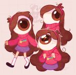bottomwear brown_eyes brown_hair clothing disney eye_creature female footwear gravity_falls hair hi_res humanoid mabel_pines pink_clothing pink_hairband pink_sweater pink_topwear purple_bottomwear purple_clothing purple_skirt seafoamheart simple_background skirt socks sweater topwear white_clothing white_footwear white_socks