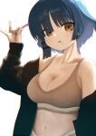 1girl :q absurdres arm_at_side black_jacket blue_hair bob_cut bocchi_the_rock! breasts brown_eyes calvin_klein cleavage closed_mouth commentary_request food food_bite food_on_face grey_sports_bra hand_up highres holding holding_food holding_popsicle isago_ganma jacket jacket_partially_removed large_breasts looking_at_viewer looking_to_the_side navel panties popsicle short_hair simple_background solo sports_bra sports_panties stomach tongue tongue_out turning_head underwear upper_body white_background yamada_ryo 