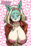 animal_humanoid areola big_breasts blonde_hair blue_body breasts canid canid_humanoid canine canine_humanoid cleavage clothed clothing eyelashes female fox_humanoid hair hi_res huge_breasts humanoid inverted_nipples ippan_josei long_eyelashes mammal mammal_humanoid multicolored_body my_hero_academia nipples paraiiaxfused puffy_areola quirked_human_(my_hero_academia) shirt solo tan_eyeshadow tongue tongue_out topwear two_tone_body
