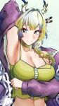  1girl alternate_breast_size_(larger) arknights armpits blonde_hair blue_hair blush breasts cleavage closed_mouth collarbone commentary dragon_bean_(arknights) dragon_girl dragon_horns earrings eastern_dragon_horns flower fruit_earrings green_eyes hair_between_eyes hair_flower hair_ornament hairclip highres horns jacket jewelry le_(user_nkge7754) long_hair multicolored_hair multiple_hairclips navel official_alternate_costume official_alternate_hairstyle pointy_ears purple_jacket shu_(arknights) shu_(spring_feast)_(arknights) smile solo stomach upper_body 